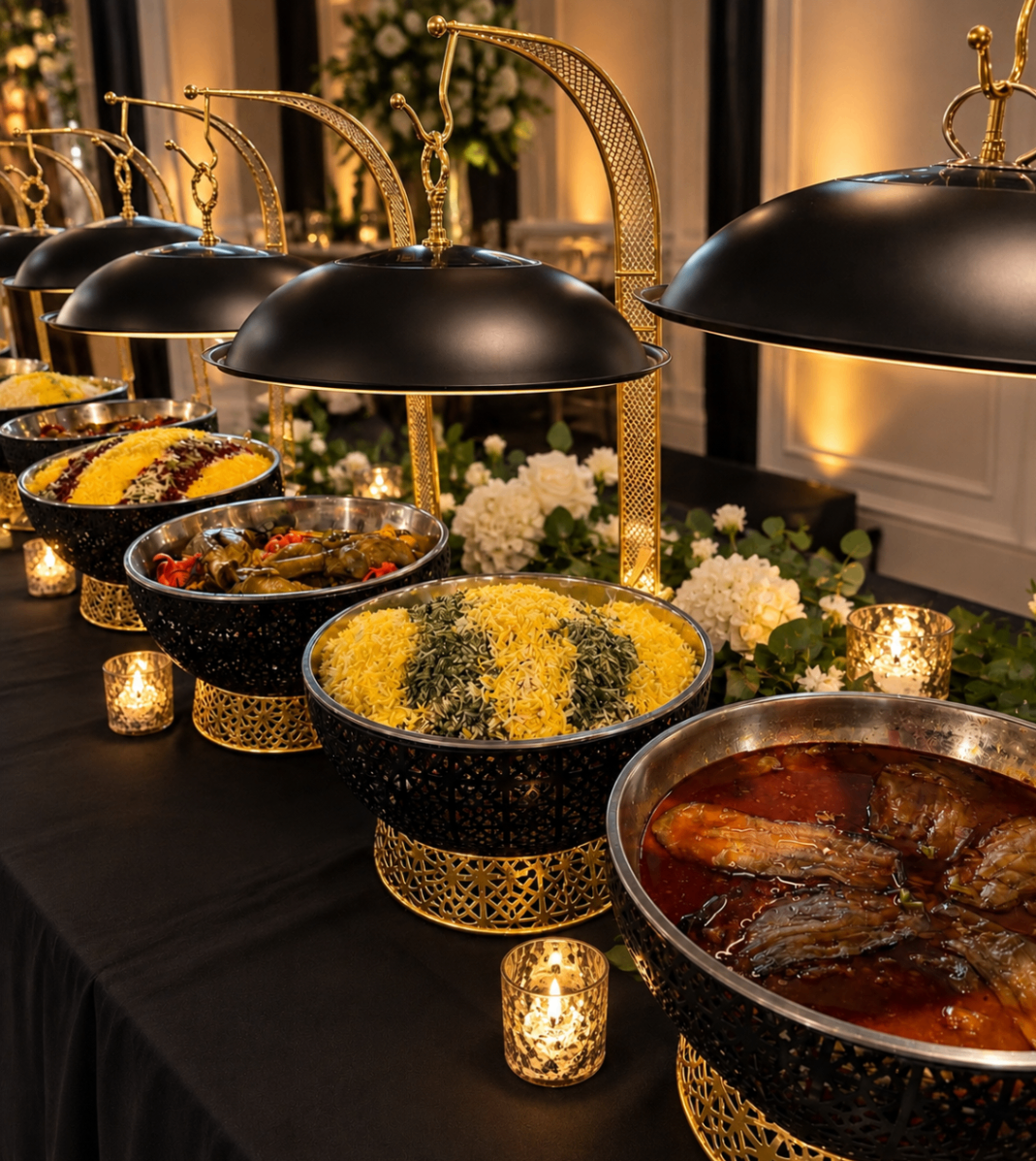Elegant Persian buffet with black and gold serving pieces