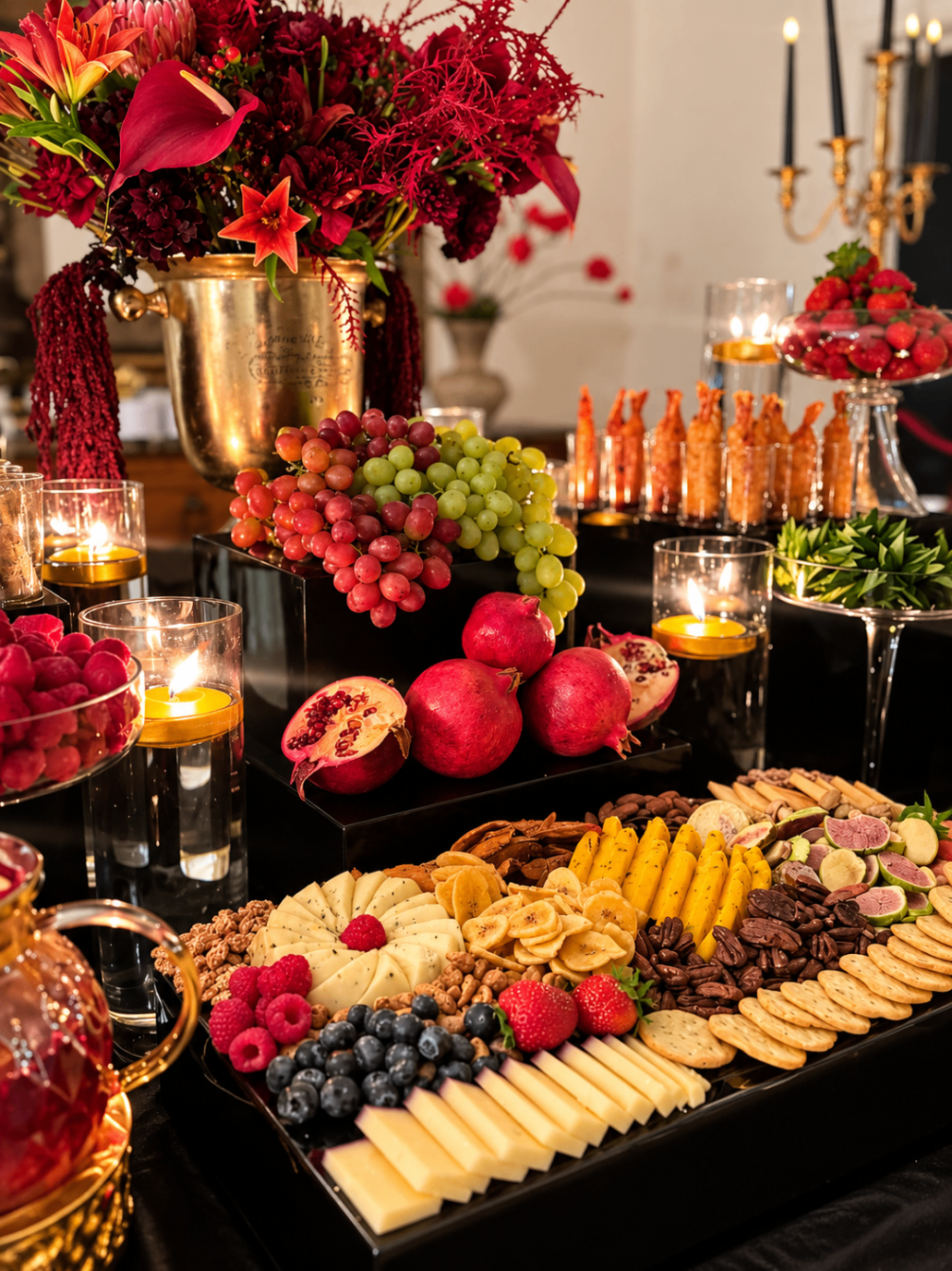 Rich red floral and pomegranate catering display
